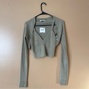 American Eagle Olive Green Cropped tank top with Long Sleeves new